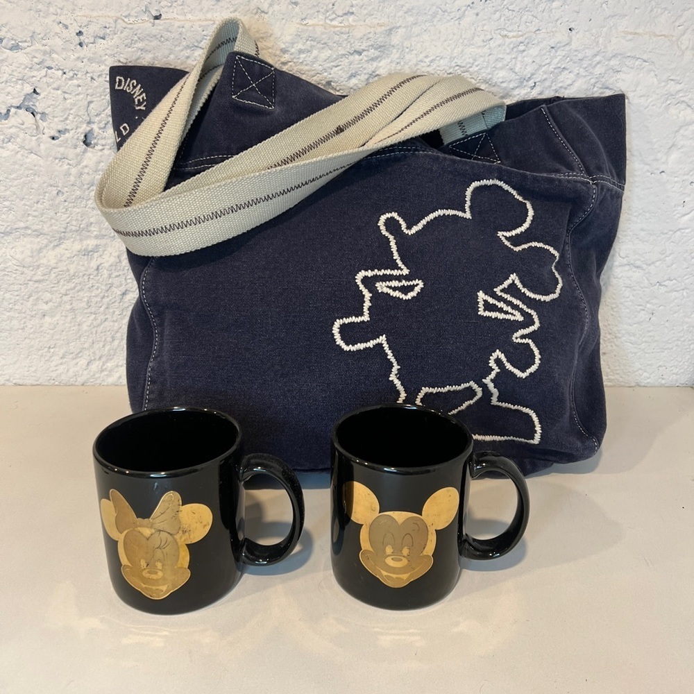 ✨Disney✨ Navy Tote with Mickey Design and Minnie Mickey Black Mugs Gold Detail